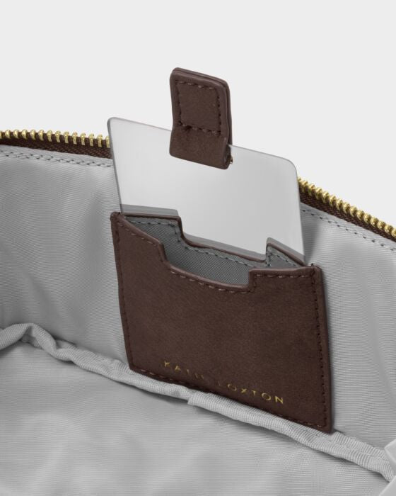 Katie Loxton Fold-Out Mirror Make Up Bag Chocolate Suedette