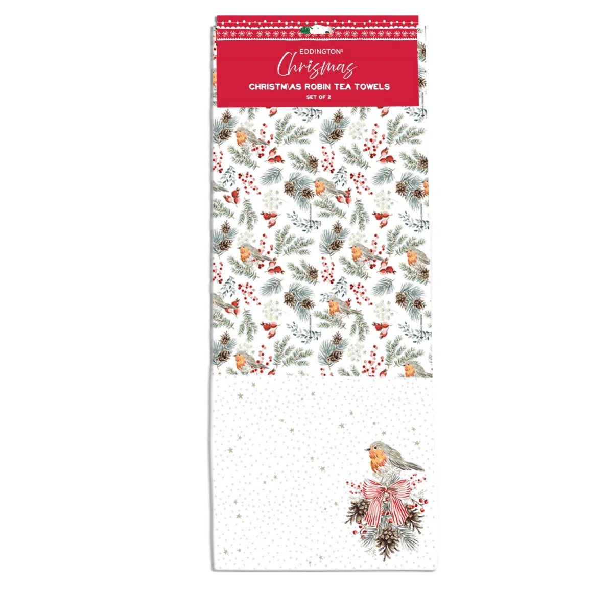Eddington’s Christmas Robin & Pinecones Set Of Two Tea Towels