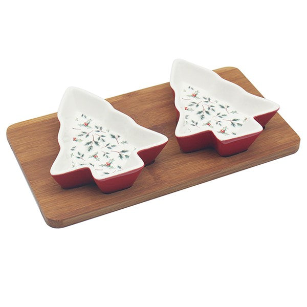 Christmas Holly Dishes With Tray Set of 2