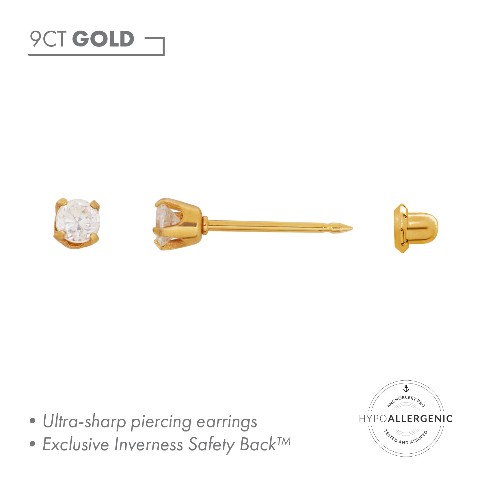 Inverness 9ct Gold Long Post CZ 3mm