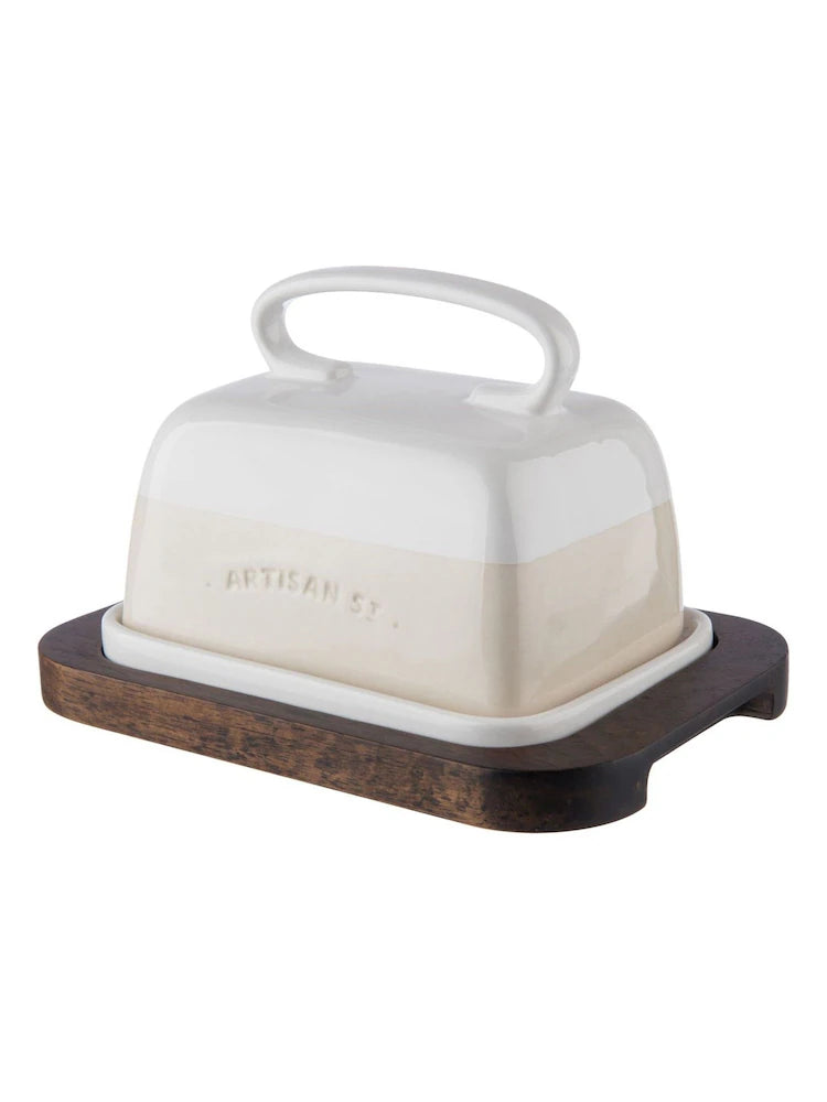 Artisan Street Butter Dish Set Ceramic Dish & Acacia Wood Board