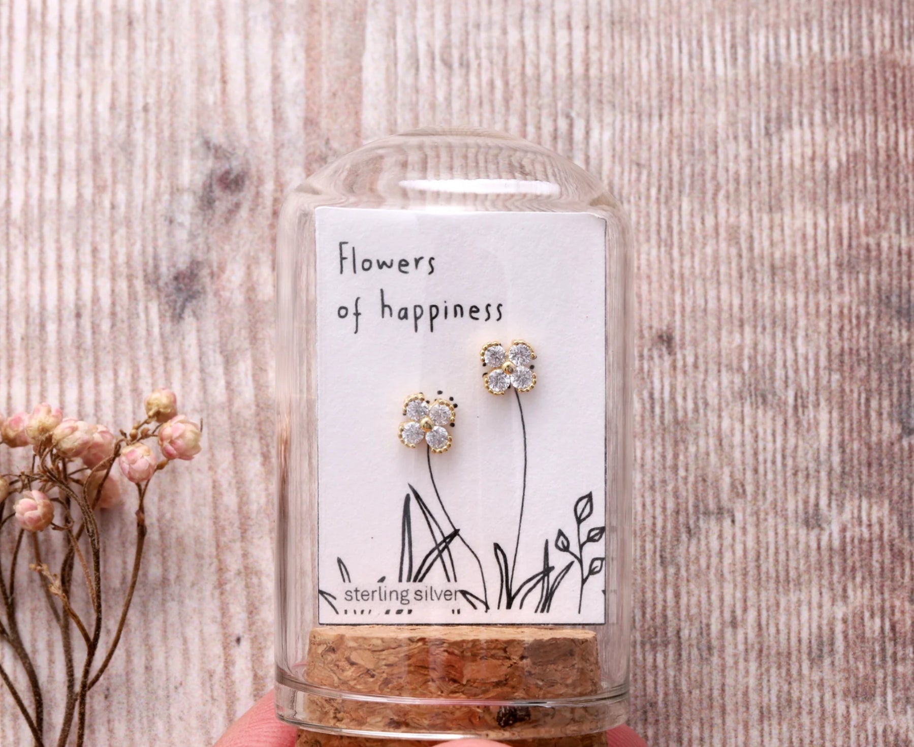 Attic Creations  Flower of Happiness Four Clover Crystal Flower Earrings Gold