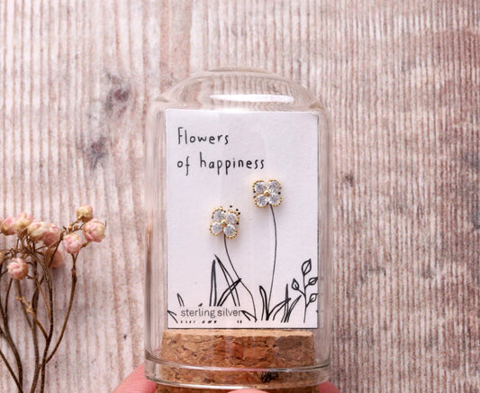 Attic Creations  Flower of Happiness Four Clover Crystal Flower Earrings Gold