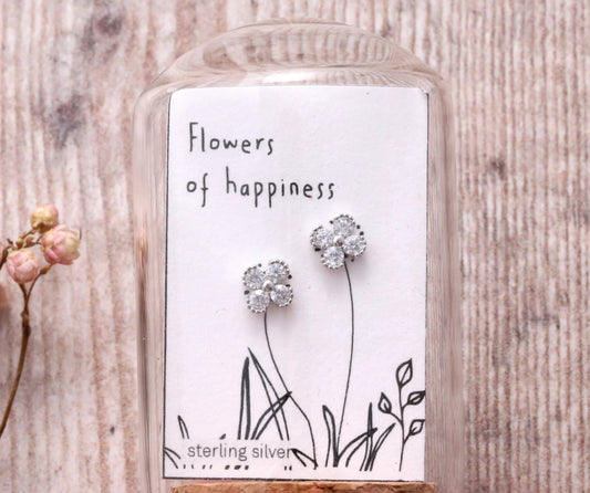 Attic Creations Flower of Happiness Four Clover Crystal Flower Earrings Silver