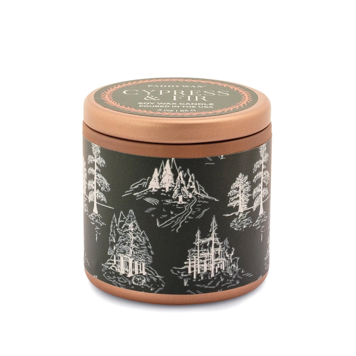 Designworks Cypress And Fir Candle Copper Tin Green Label With White Toile Pattern