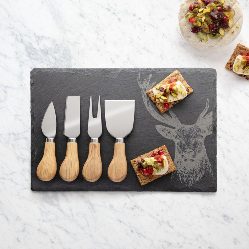 Taylor’s Eye Witness Four Piece Oak Cheese Knife & Stag Design Slate Cheese Board Set