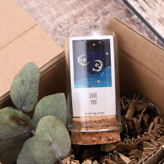Attic Creations ‘Love You' Crescent Moon And Star Earrings In A Bottle
