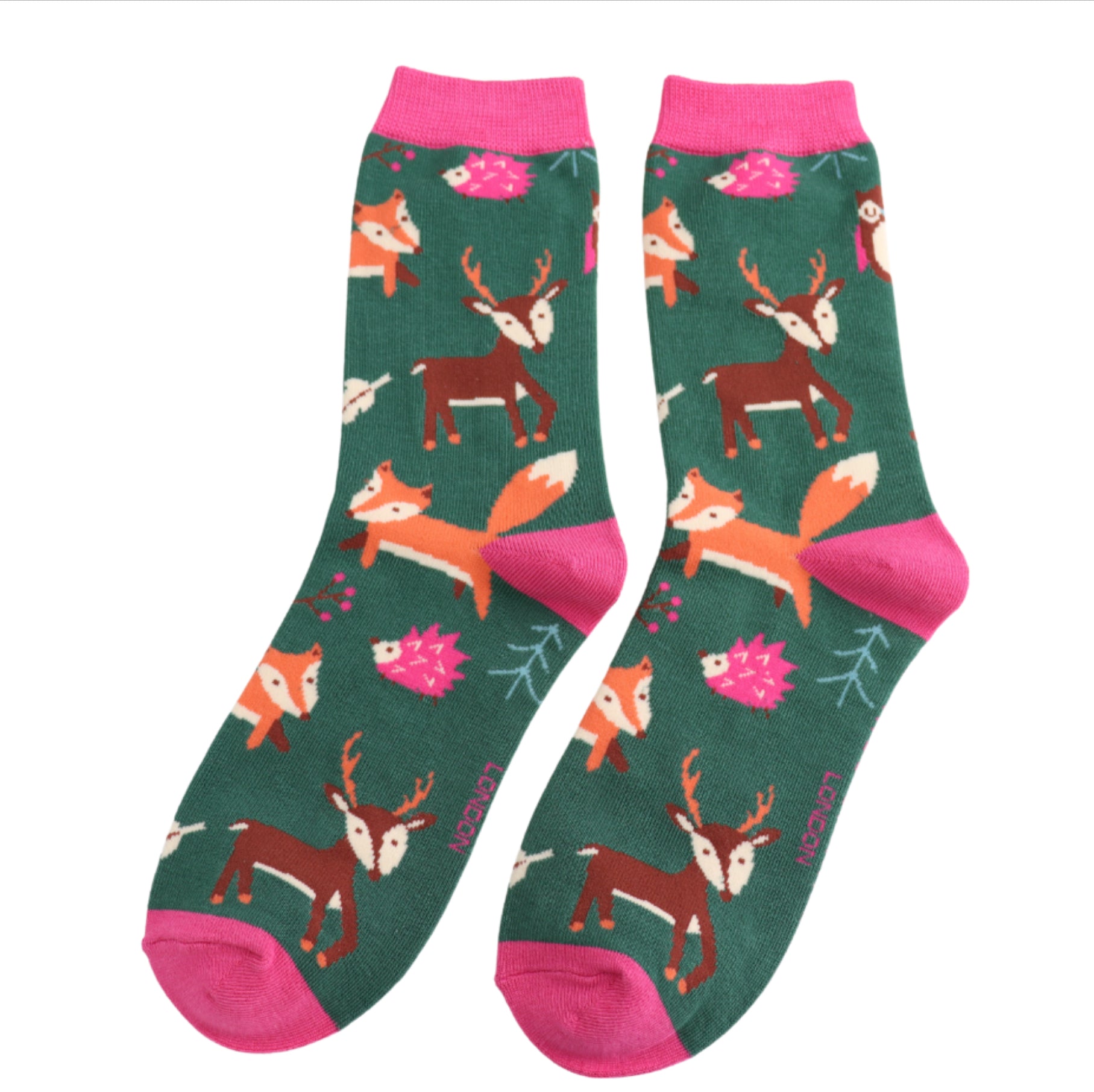 Miss Sparrow Woodland Animals Socks Dark Green