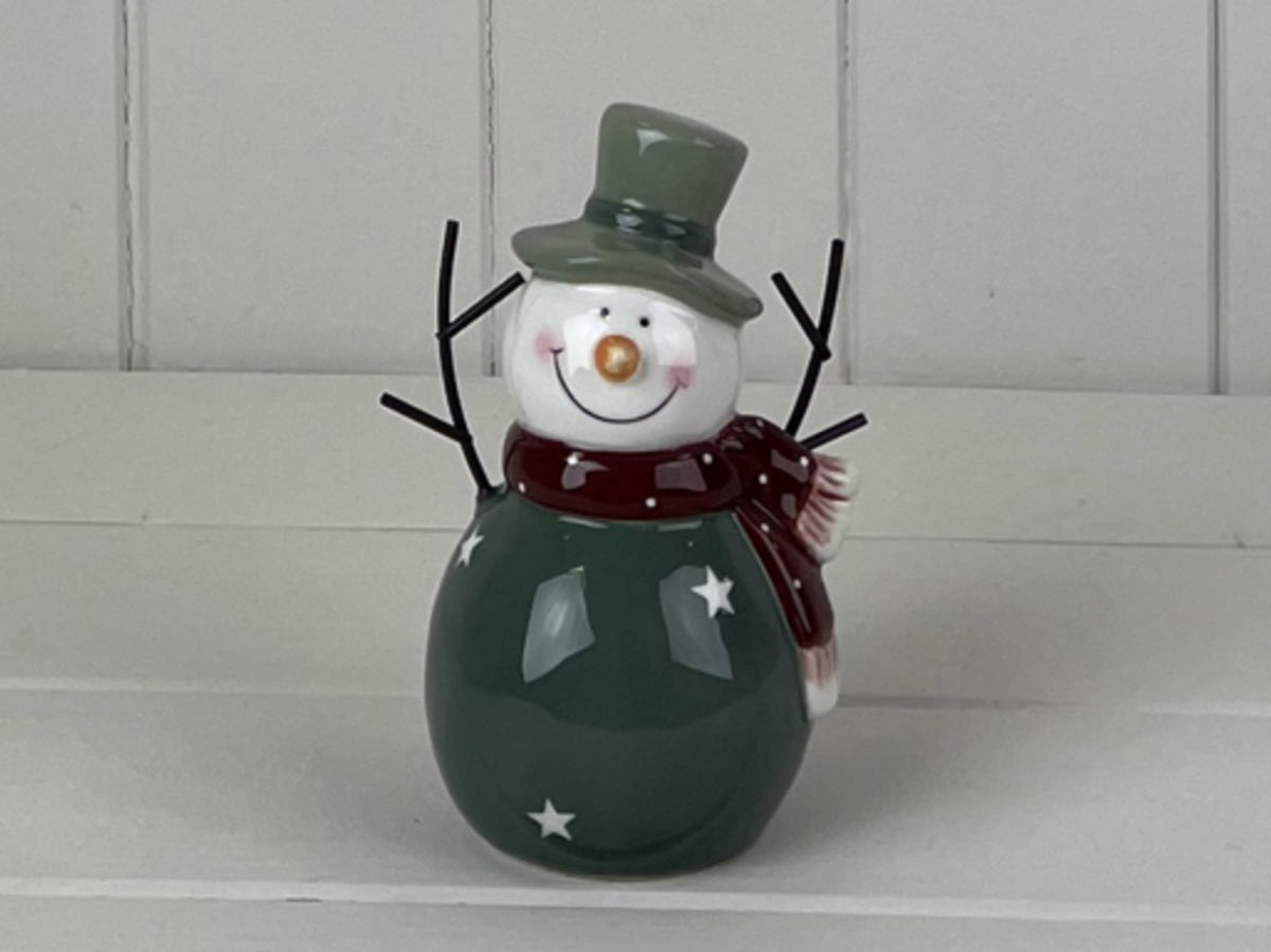Dark Green/White Ceramic Snowman Decoration
