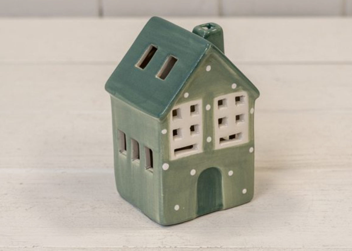 Green Ceramic LED House with Snowball Décor. 6 Hour Timer