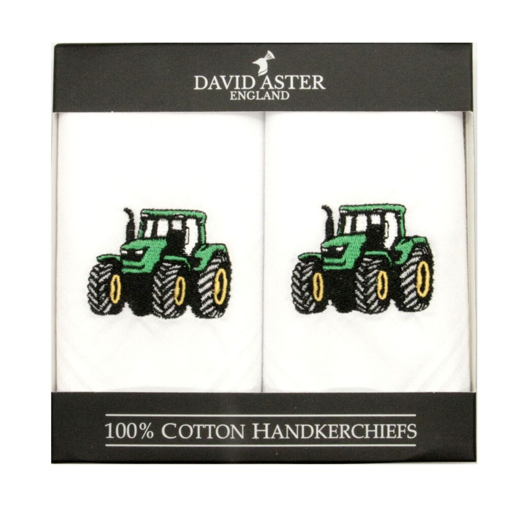 Green Tractor Embroidered White Handkerchiefs