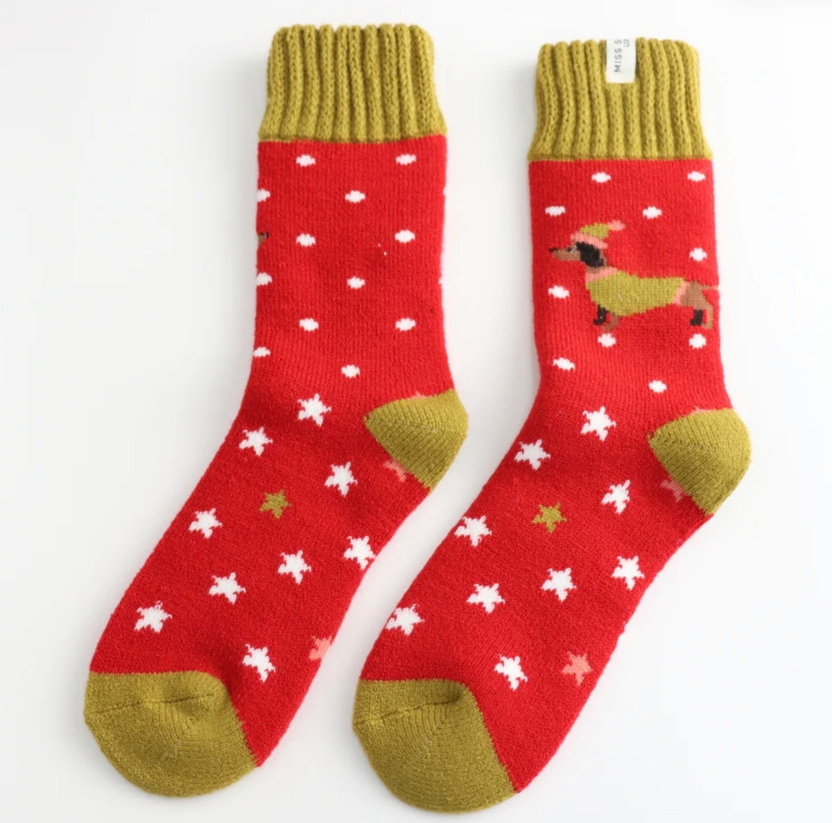 Miss Sparrow Winter Festive Sausage Dogs Socks Red