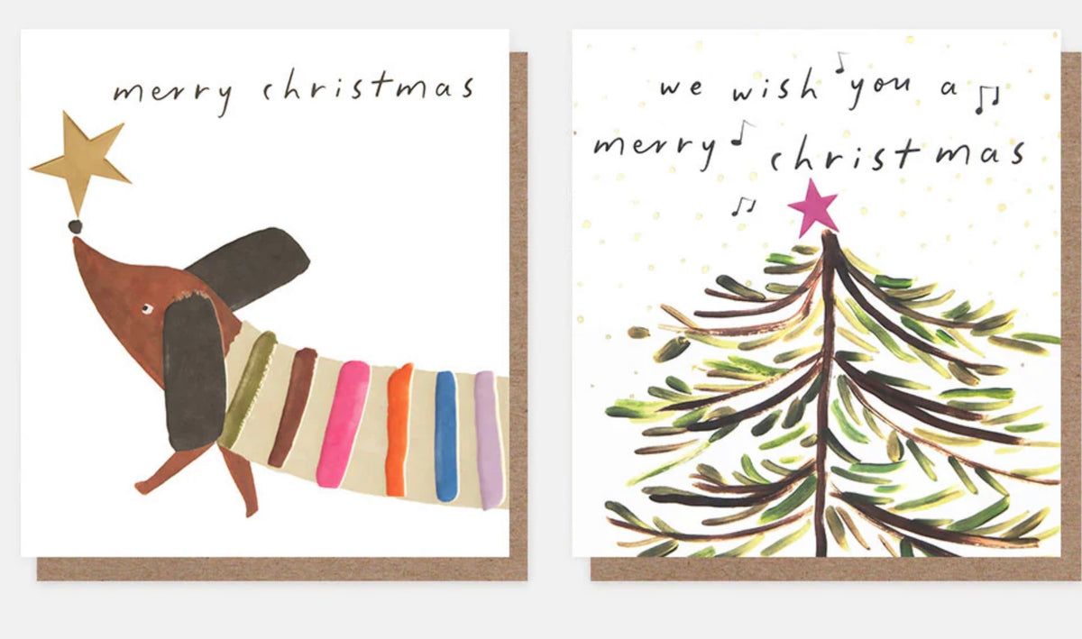 Caroline Gardner Tree & Sausage Dog Mixed Charity Christmas Cards Pack of 8