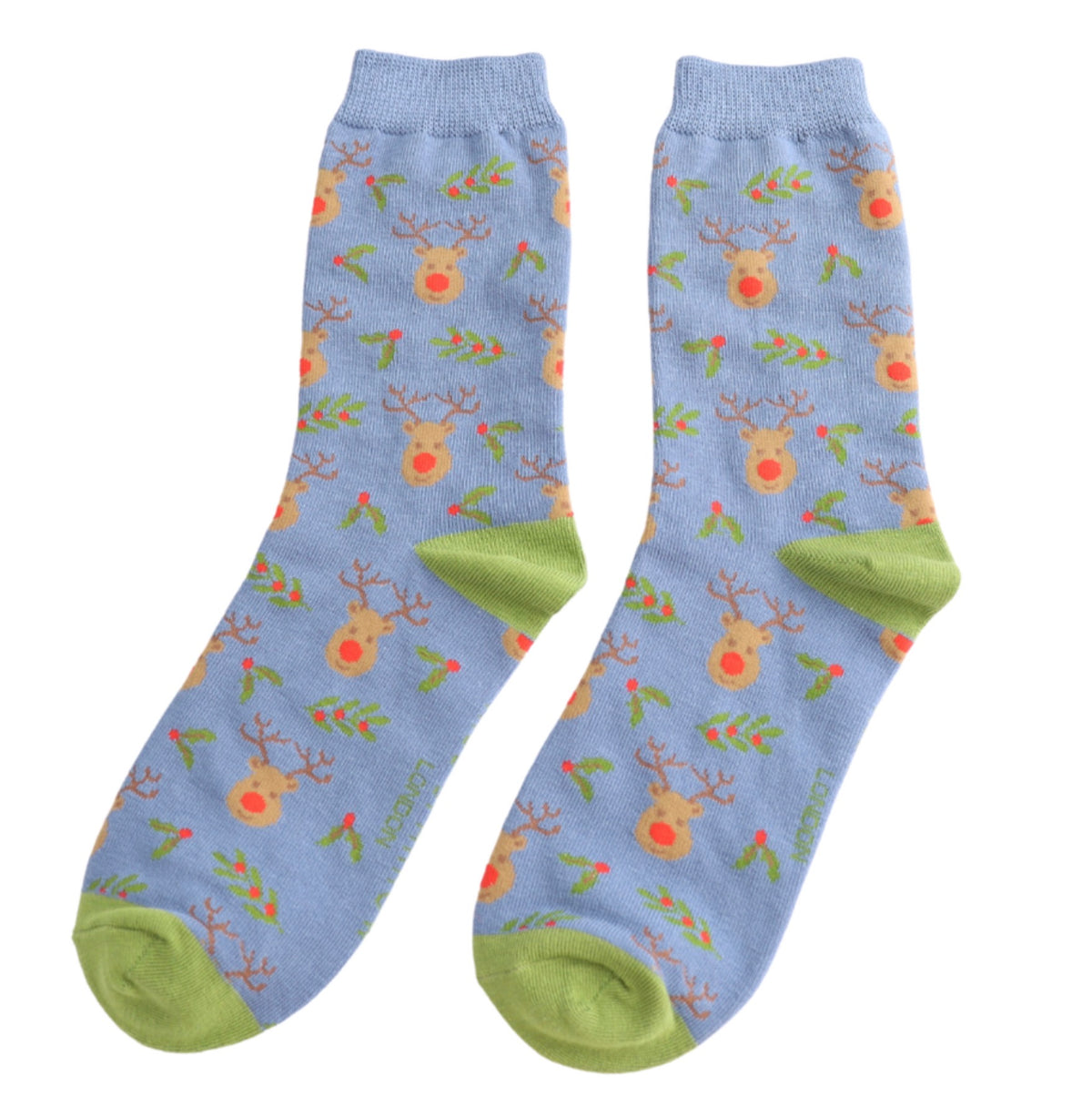 Miss Sparrow Reindeer & Holly Socks Denim
