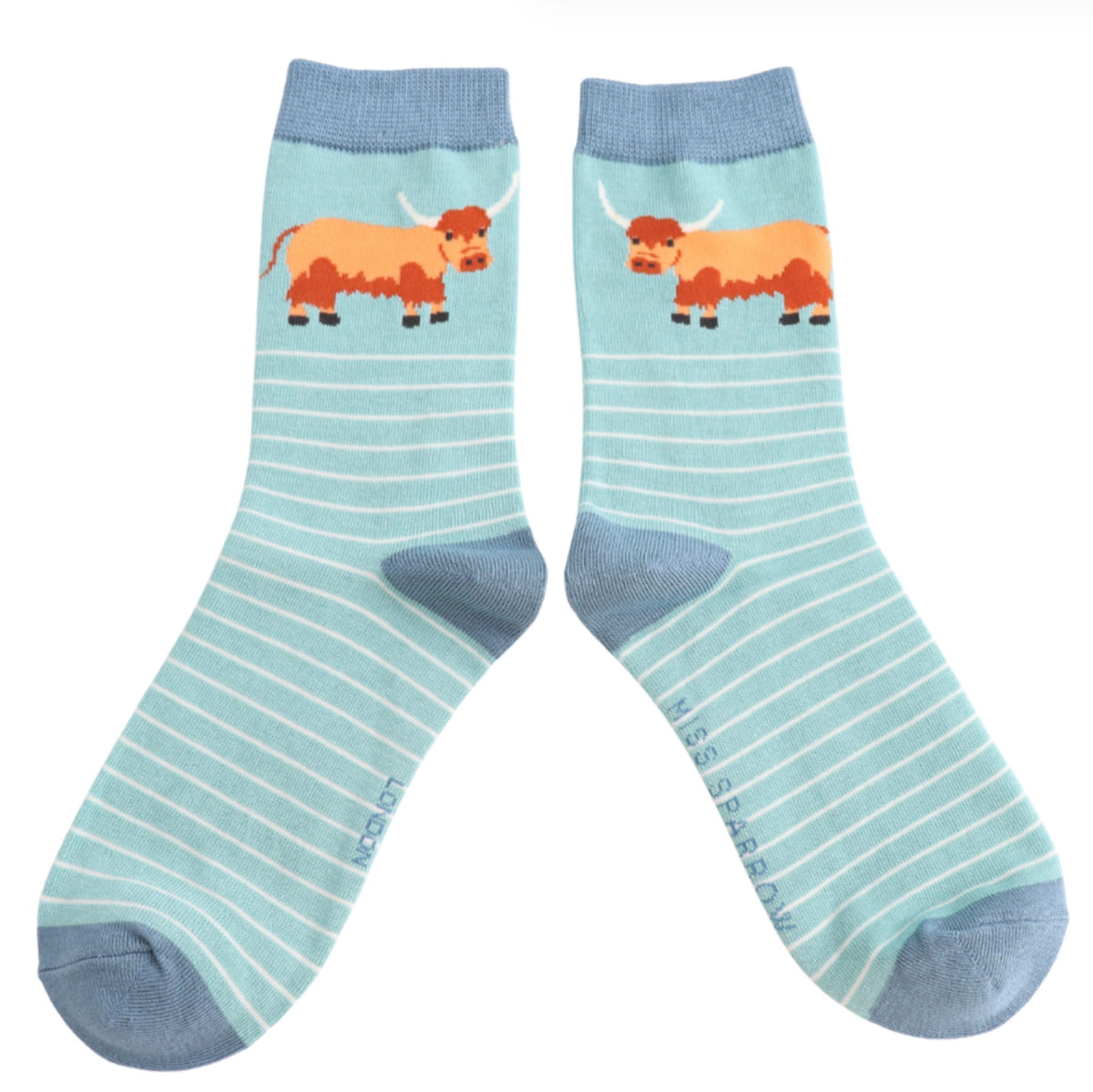 Miss Sparrow Highland Cow & Stripes Socks Duck Egg