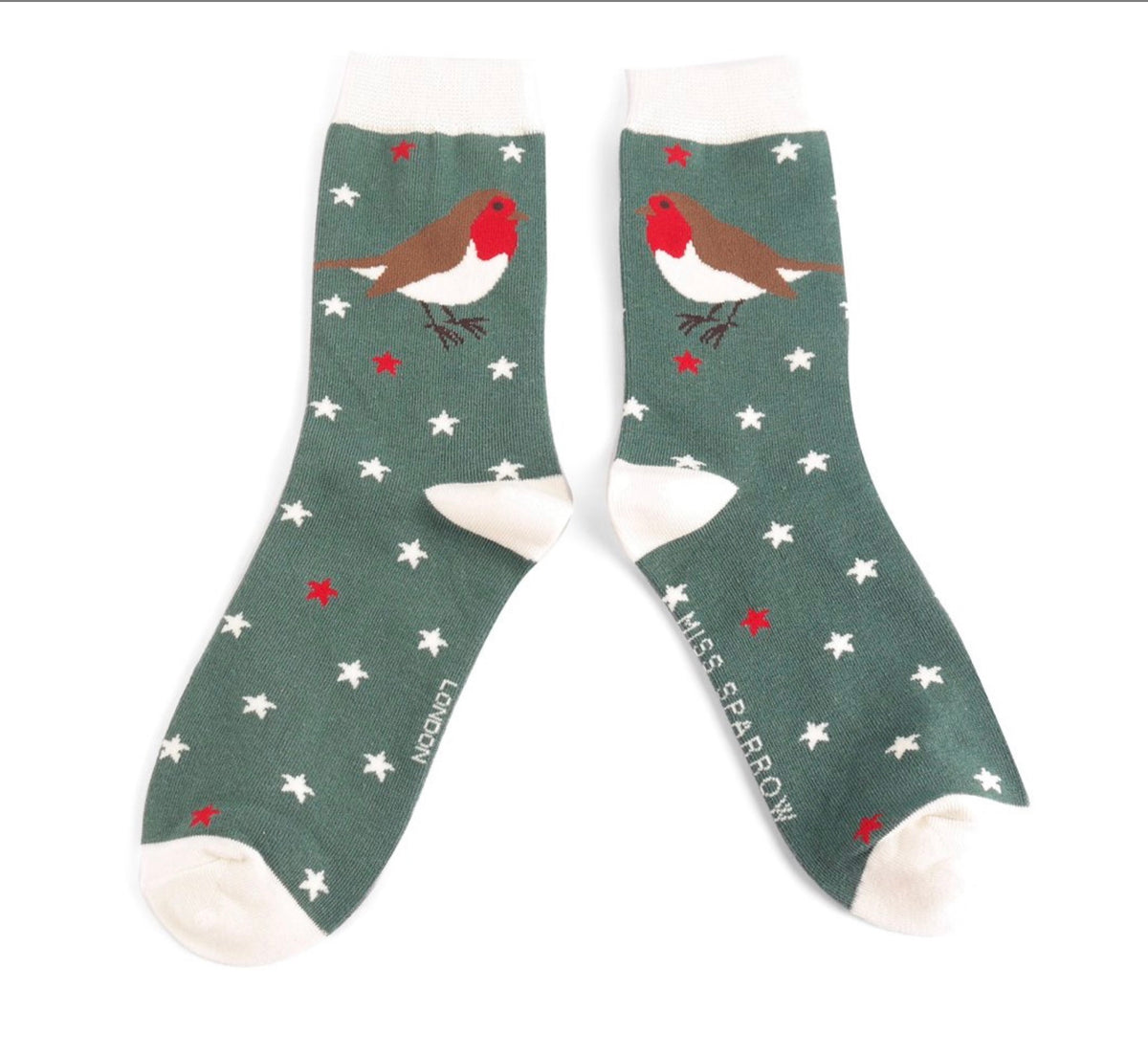 Miss Sparrow Festive Robins Socks Green