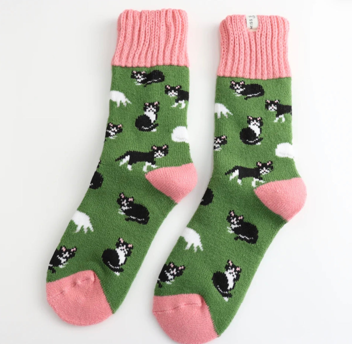 Miss Sparrow Winter Black & White Cats Socks Green
