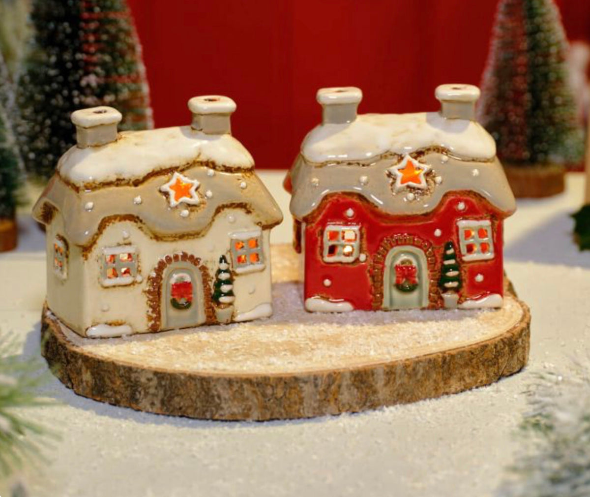 Christmas CottageTealight Holder 2 Assisted Red or White Stoneware