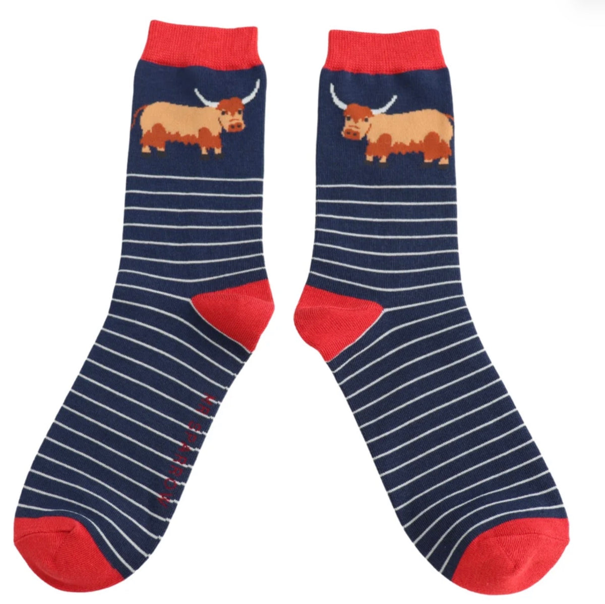 Mr Sparrow Highland Cow & Stripes Socks Navy