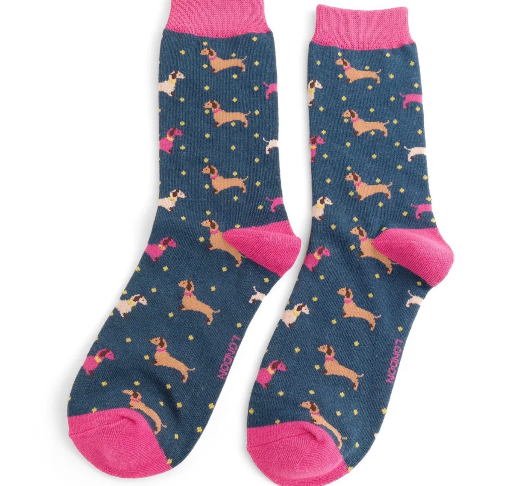 Miss Sparrow Sausage Dog & Spots Socks Navy