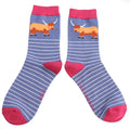 Miss Sparrow Highland Cow & Stripes Socks Denim