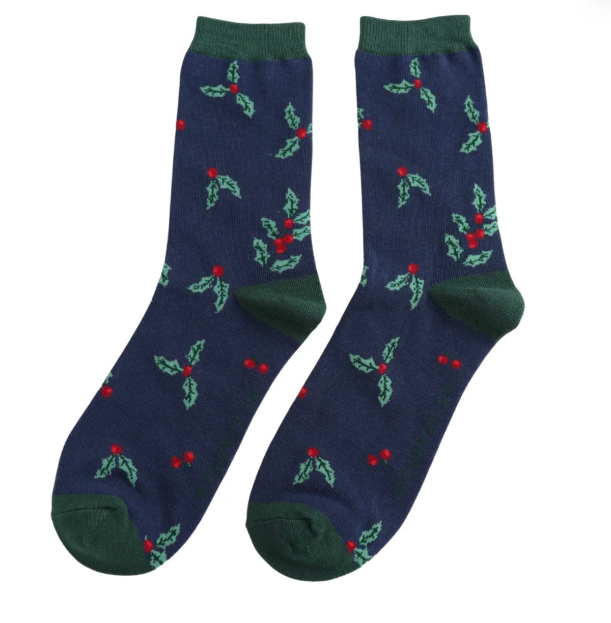 Mr Sparrow Holly Sprigs Socks Navy