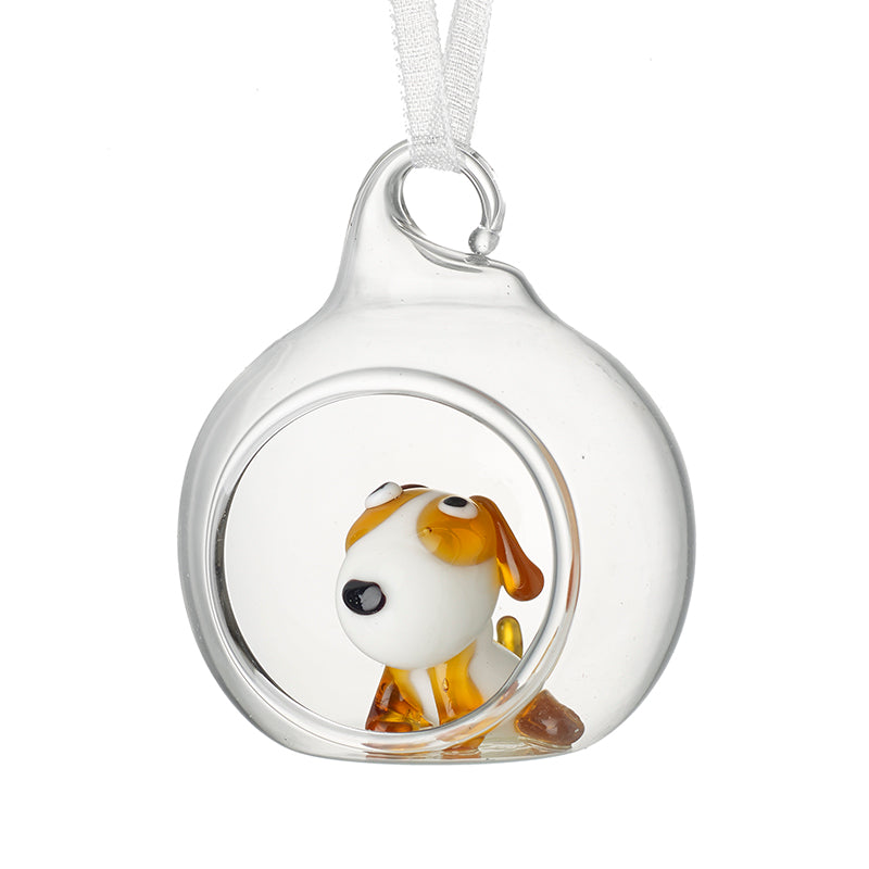Christmas Glass Dog In Glass Bauble Hanger
