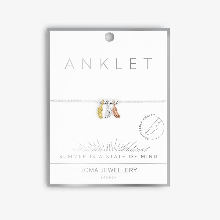 Joma Jewellery Anklet Three Tone Feathers Silver, Gold, & Rose Gold