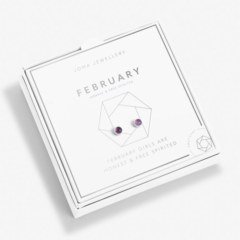 Joma Jewellery Birthstone Boxed Earrings February Amethyst Silver Earring Box