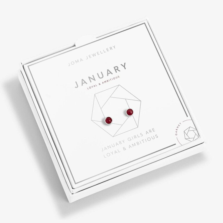 Joma Jewellery Birthstone Boxed Earrings January Garnet Silver Earring Box