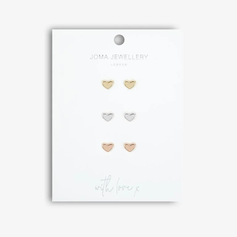 Joma Jewellery Florence Heart Studs Silver, Rose Gold and Gold Set of 3