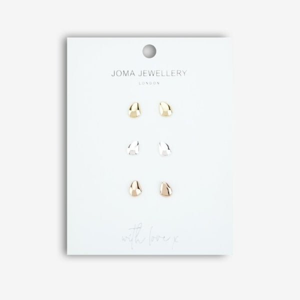 Joma Jewellery Florence Pebble Studs Silver, Rose Gold and Gold Set Of 3
