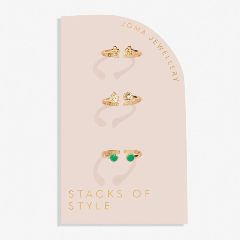 Joma Jewellery Stacks Of Style Green Enamel Gold Plated Set Of 3 Rings