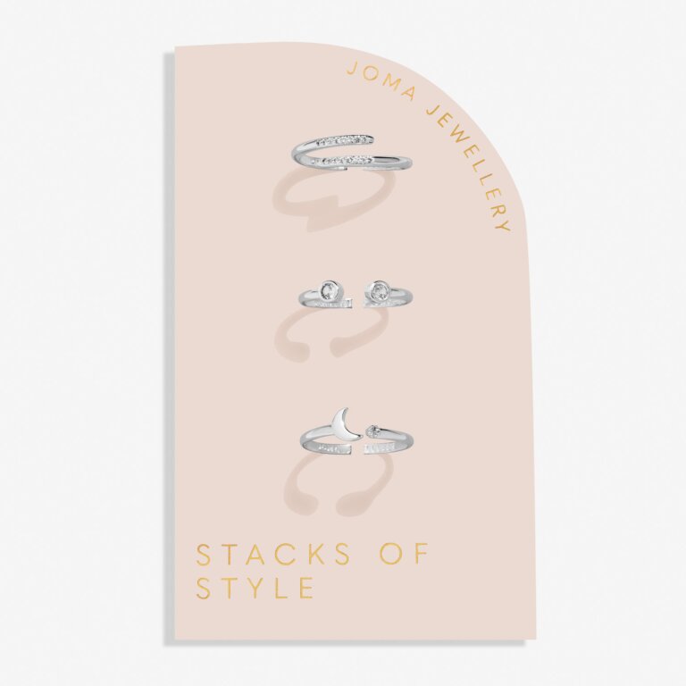 Joma Jewellery Stacks Of Style Moon & Cz Silver Plated Set Of 3 Rings