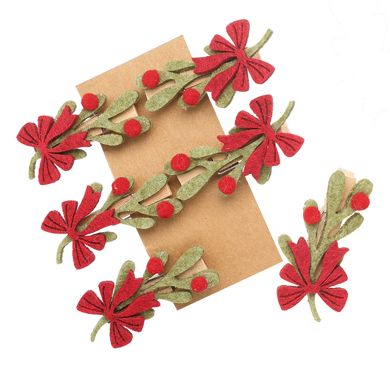 Christmas Felt Mistletoe With Red Bows Peg Set