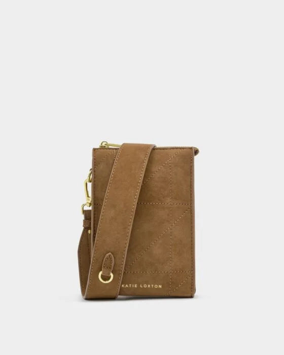 Katie Loxton Avery Slim Crossbody Bag Caramel Quilted Suedette