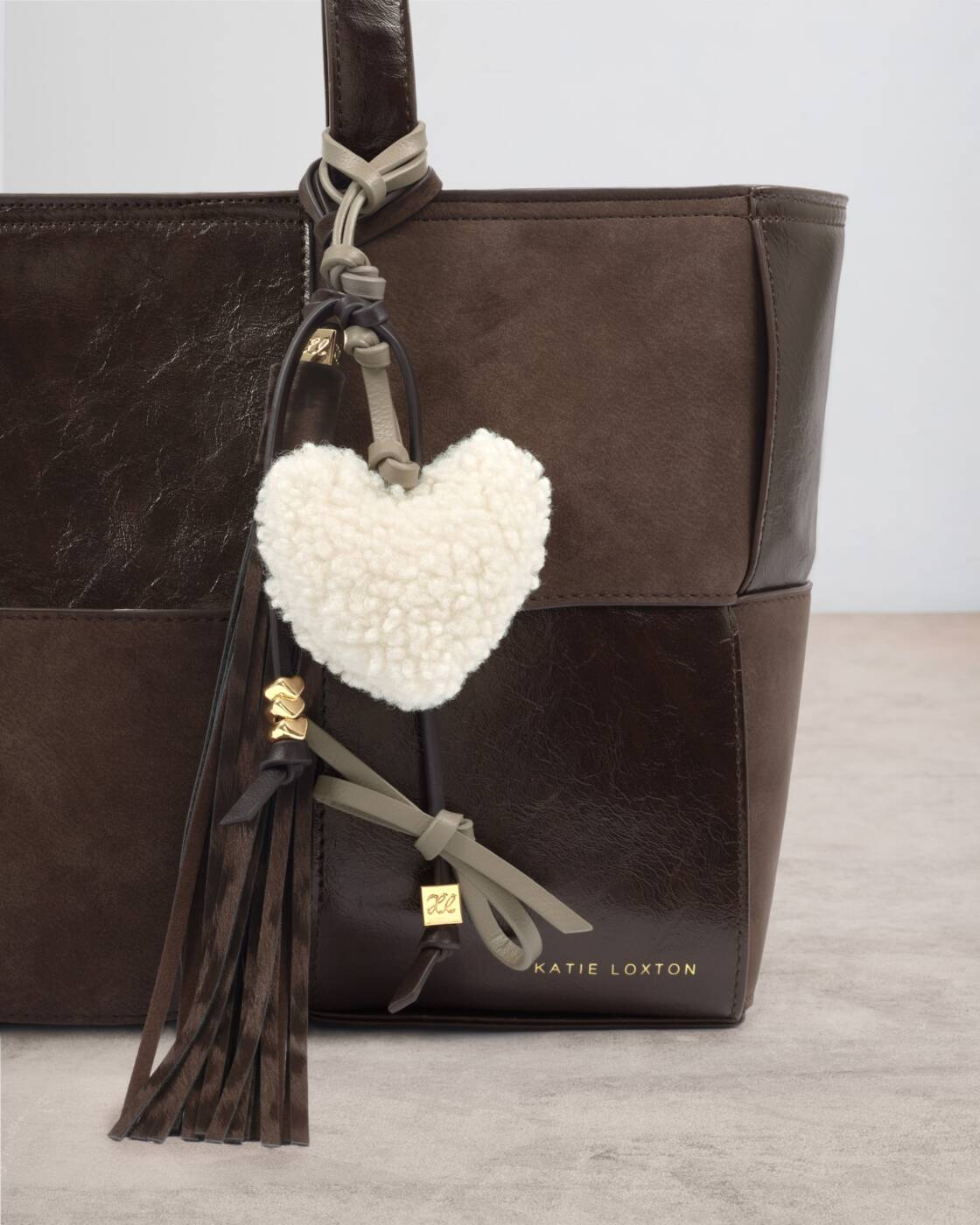 Katie Loxton Borg Heart Bag Charm Silver Mink Cocoa