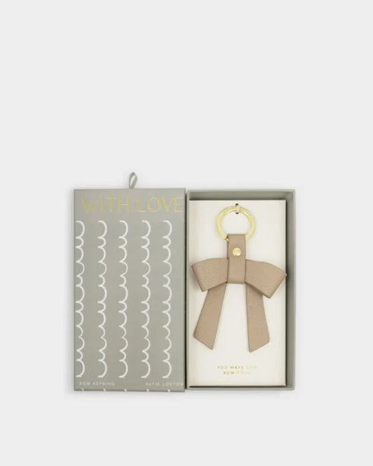 Katie Loxton Boxed Bow Keyring You Make My Life Bow-Tiful Light Taupe