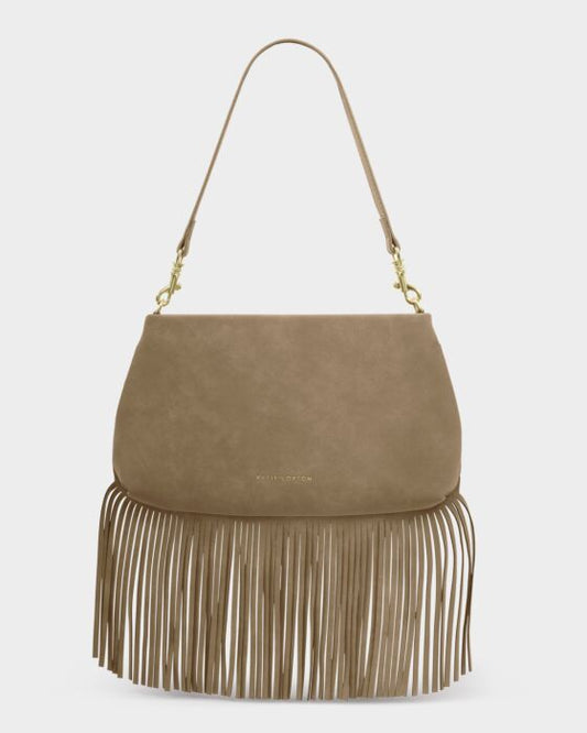 Katie Loxton Cali Fringe Small Shoulder Bag Taupe Suedette