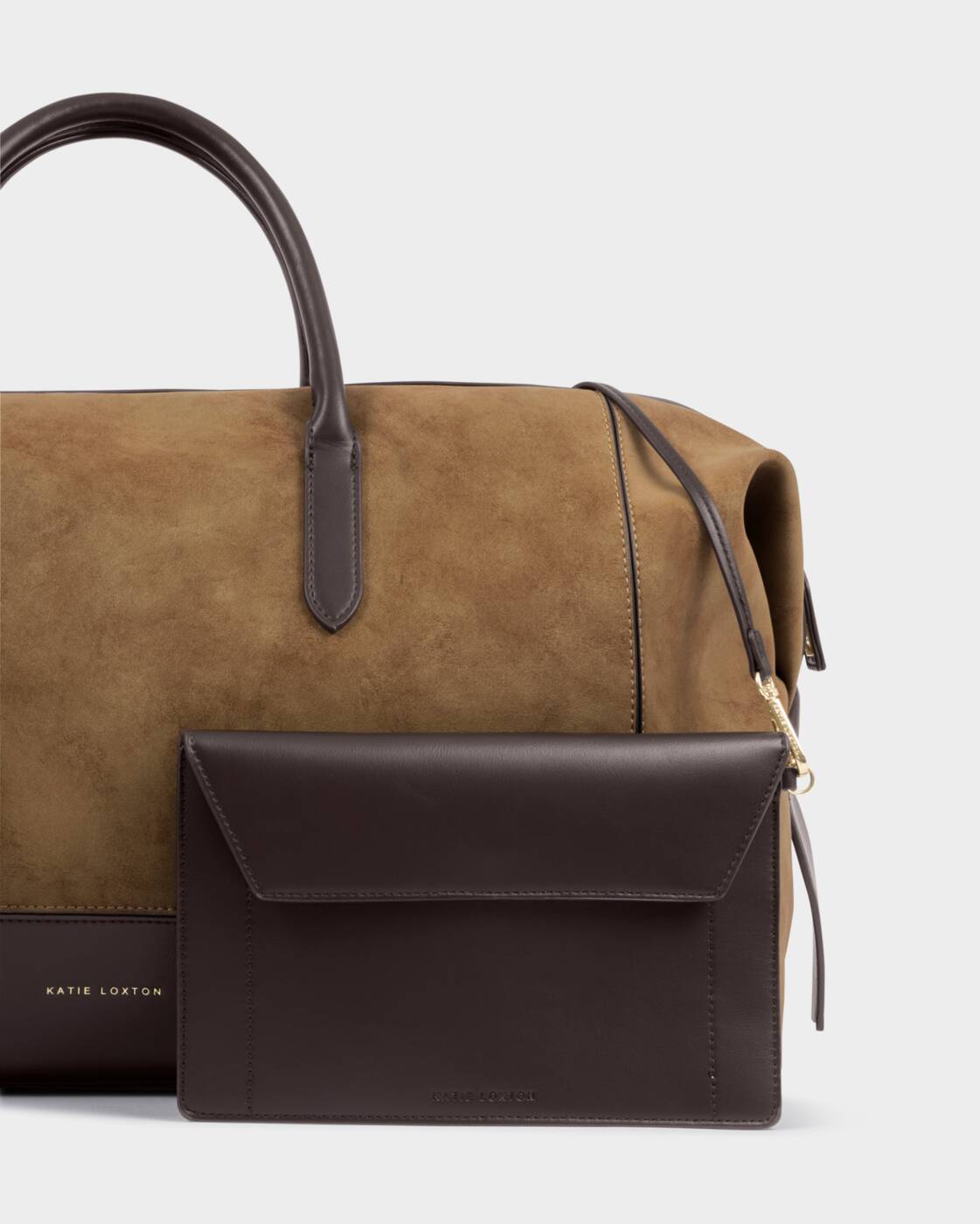 Katie Loxton Charlbury Weekend Bag Caramel Suedette Bitter Chocolate