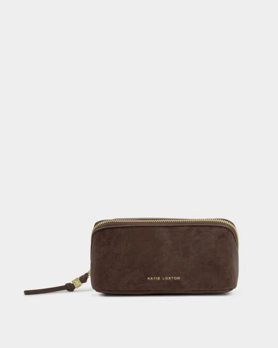 Katie Loxton Fold-Out Mirror Make Up Bag Chocolate Suedette