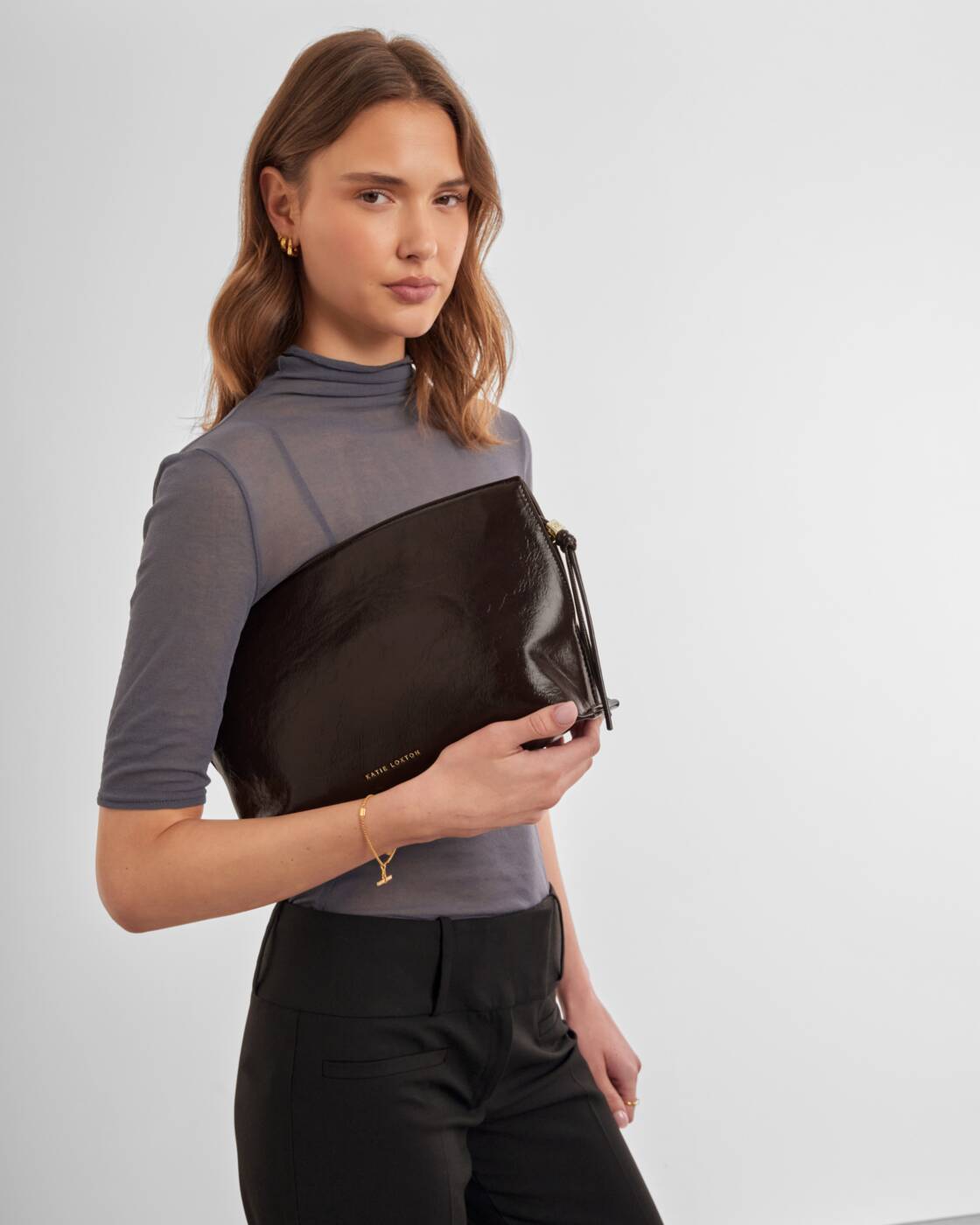 Katie Loxton Freya Clutch Bitter Chocolate Patent Crackle