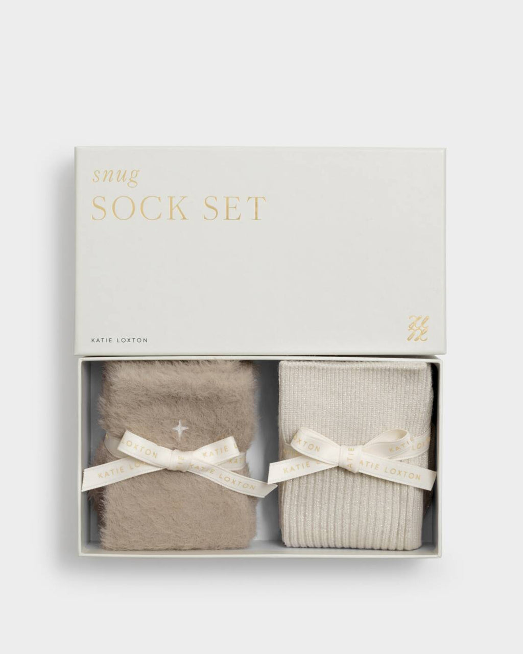 Katie Loxton Gift Boxed Duo Socks Taupe Fluffy Off White Sparkle One Size