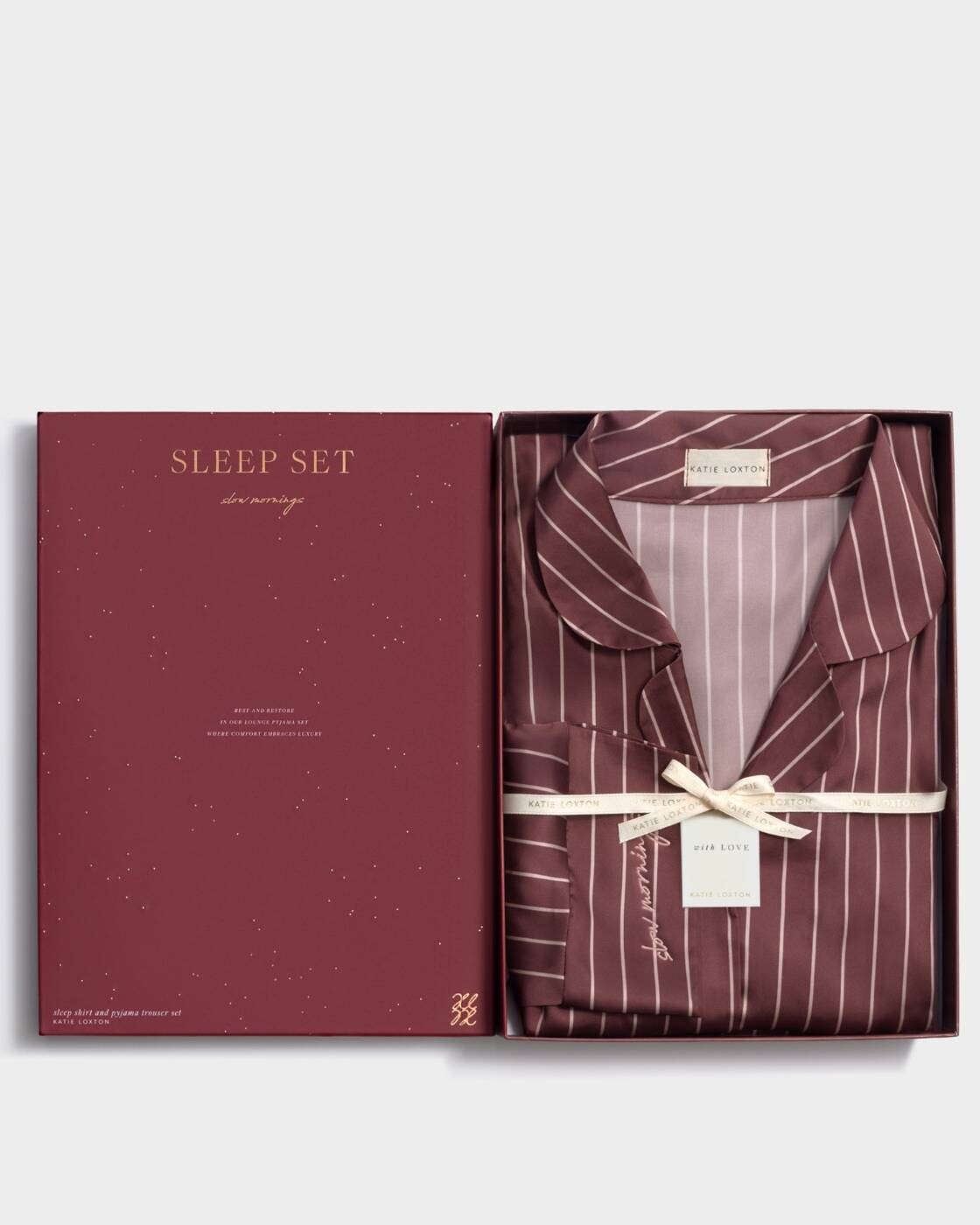 Katie Loxton Gift Boxed Pyjama Set Chocolate Off White Stripe Print Small