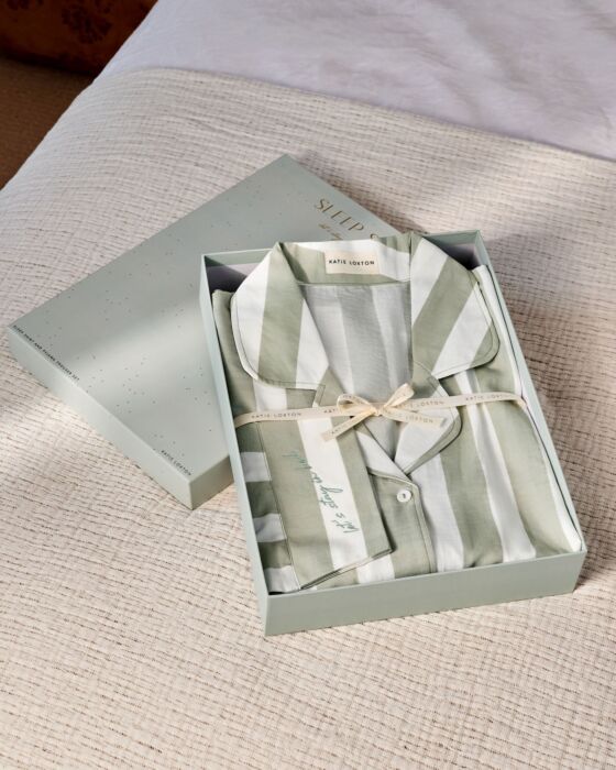 Katie Loxton Gift Boxed Pyjama Set Green Mist/Off White/Stripe Print Large 16-18