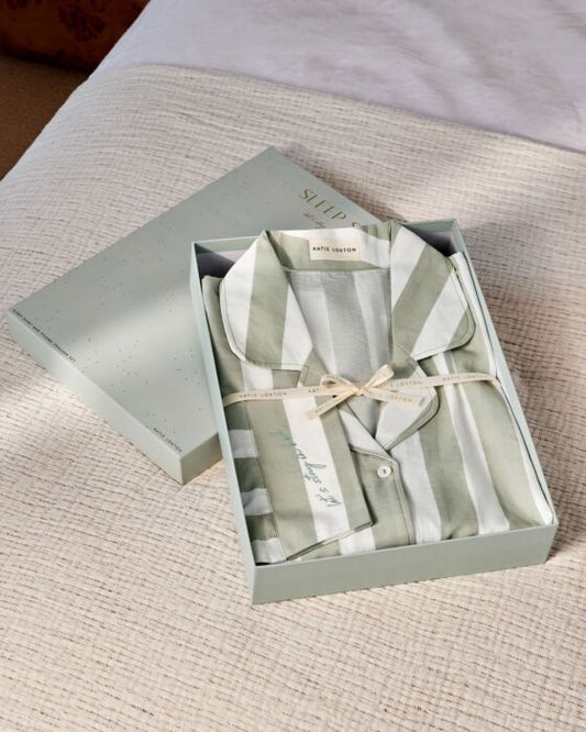 Katie Loxton Gift Boxed Pyjama Set Green Mist/Off White/Stripe Print Medium 12-14
