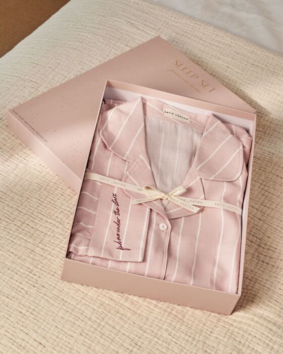 Katie Loxton Gift Boxed Pyjama Set Pink/White/Stripe Print Medium 12-14