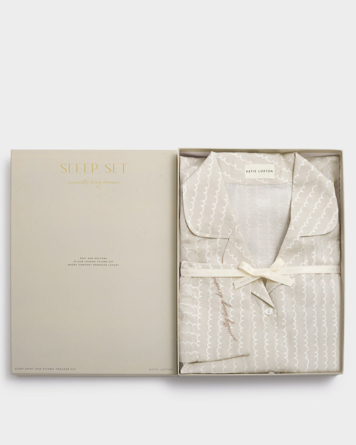 Katie Loxton Gift Boxed Pyjama Set Taupe/Off White/Wave Print Large 16-18