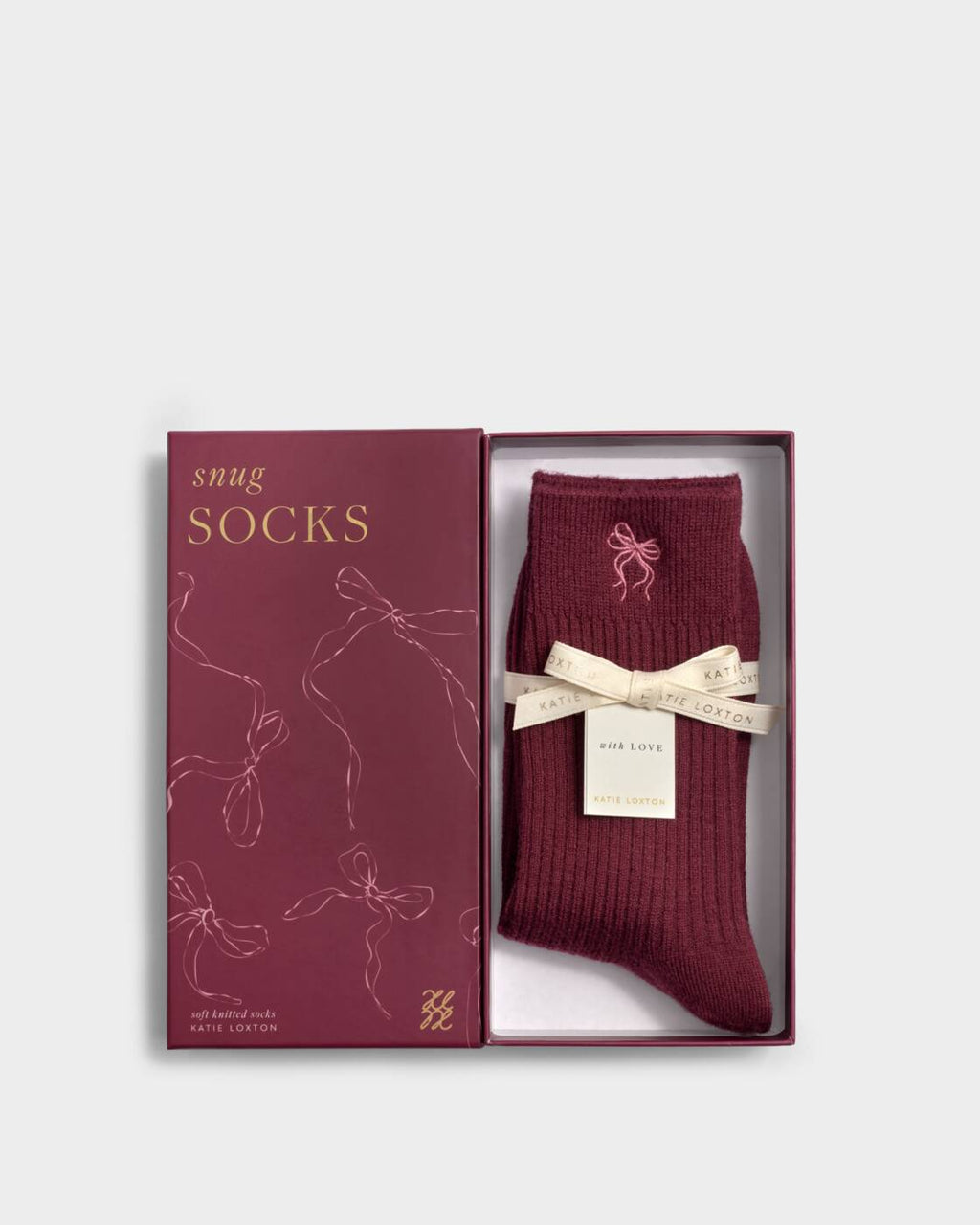 Katie Loxton Gift Boxed Ribbed Socks Bow Cherry One Size