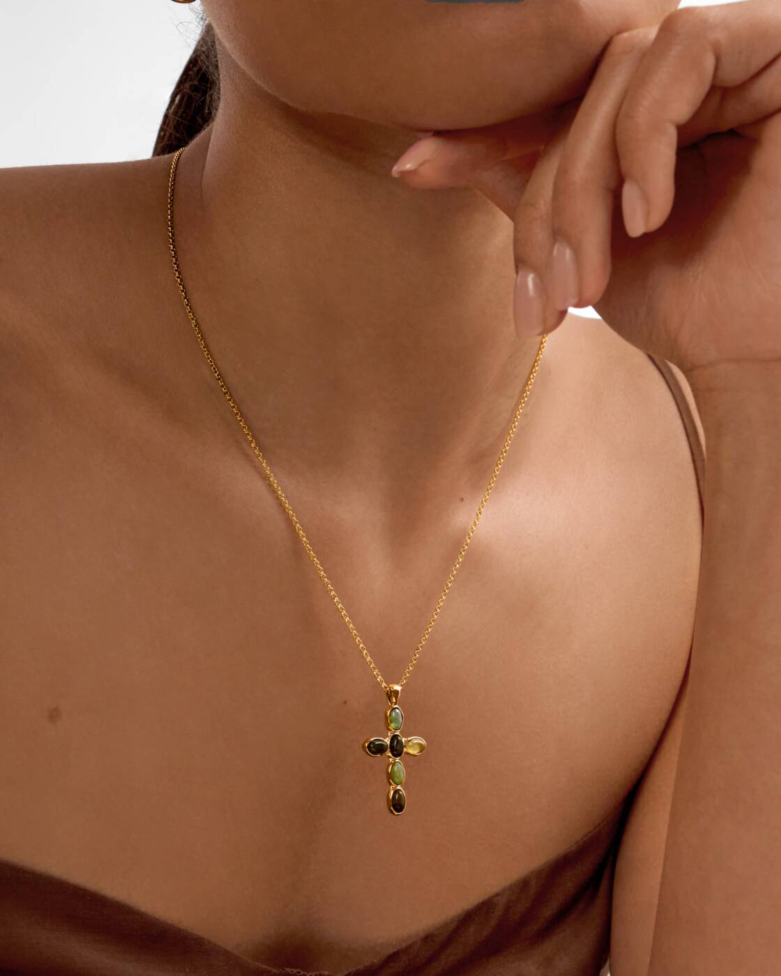 Katie Loxton Green Agate Cross Necklace Gold Coated